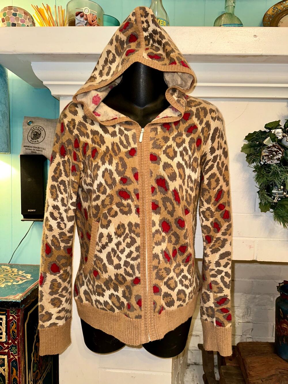 VINTAGE DESIGNER ANIMAL PRINT LEOPARD CASHMERE HOODIE CARDIGAN SWEATER